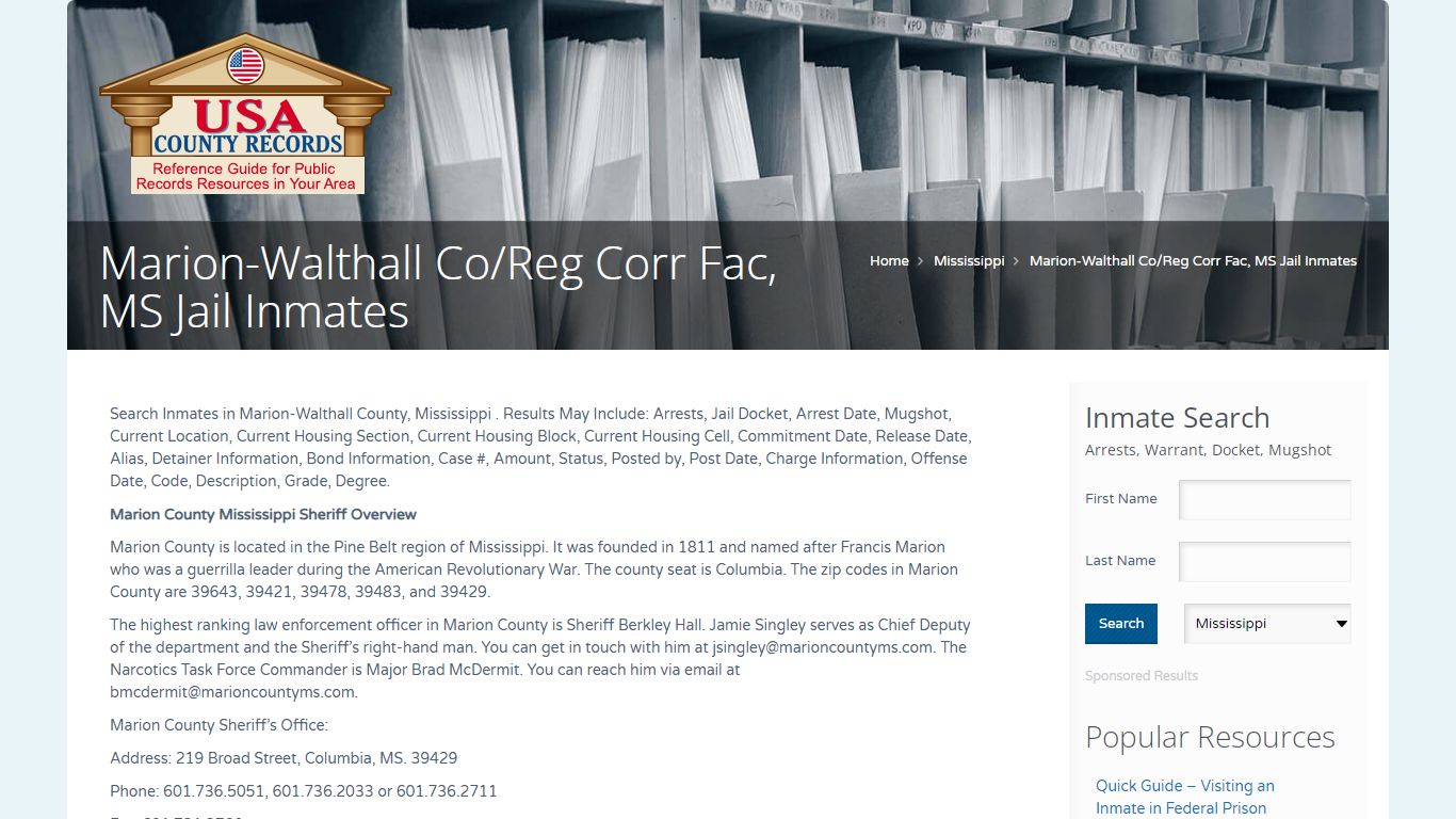 Marion-Walthall Co/Reg Corr Fac, MS Jail Inmates | Name Search